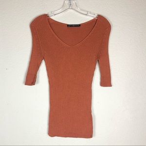Peruvian Connection Burnt Orange Slim Ribbed Half-Sleeves Top S